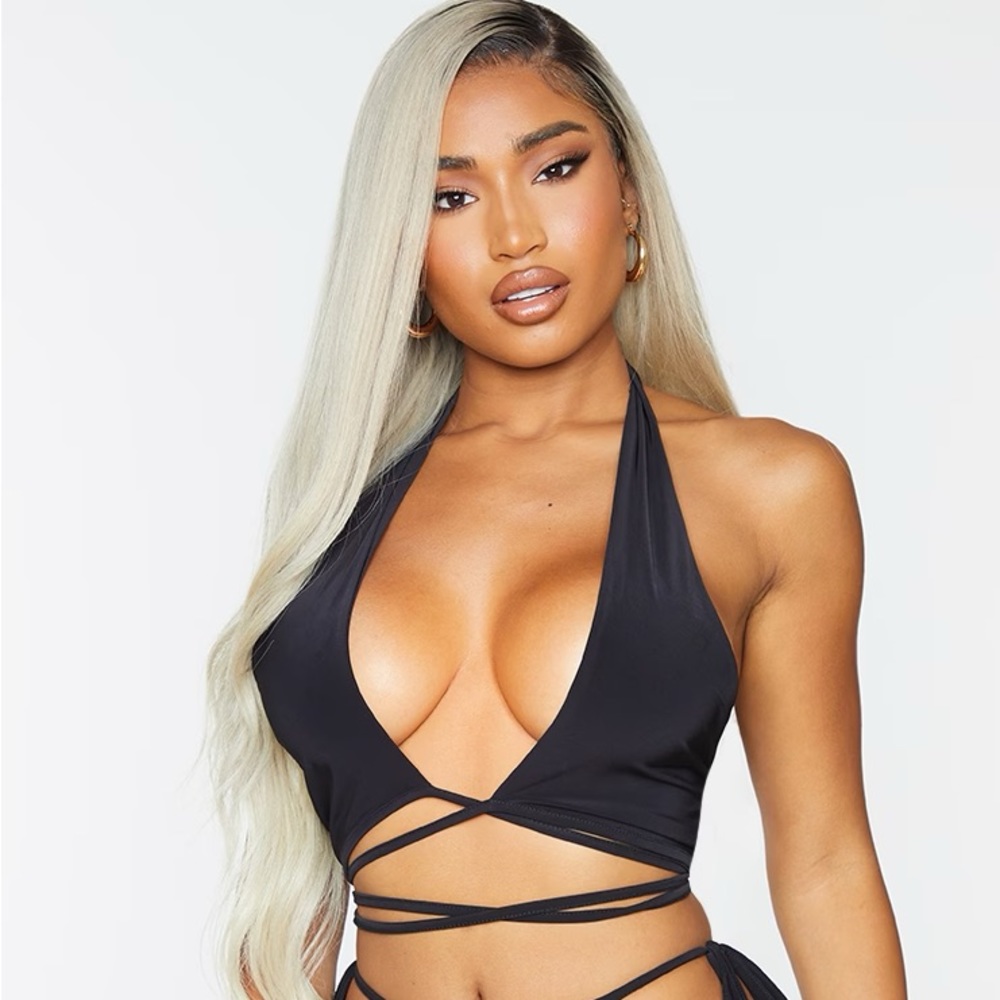 NWT Shape Black Print Slinky Wrap Detail Crop Top